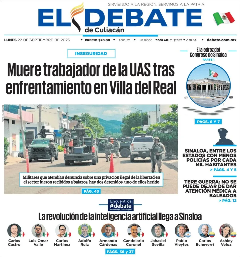 Portada de El Debate de Culiacan del lunes, 22 de septiembre de 2025