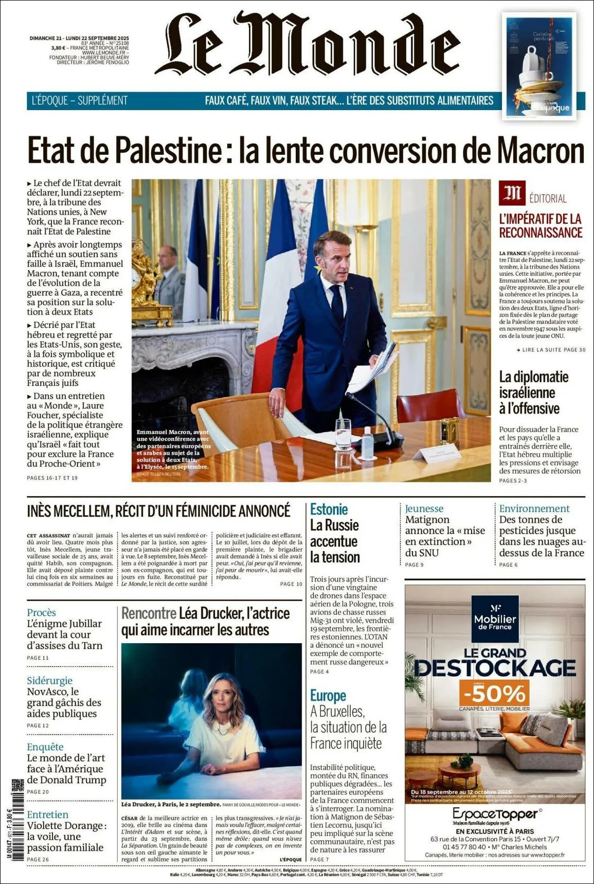 Portada de Le Monde del lunes, 22 de septiembre de 2025