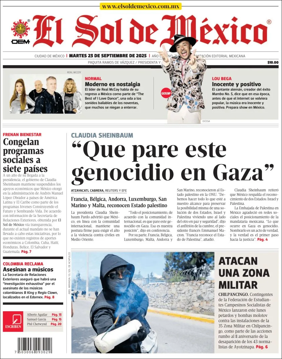 Portada de El Sol de Mexico del martes, 23 de septiembre de 2025