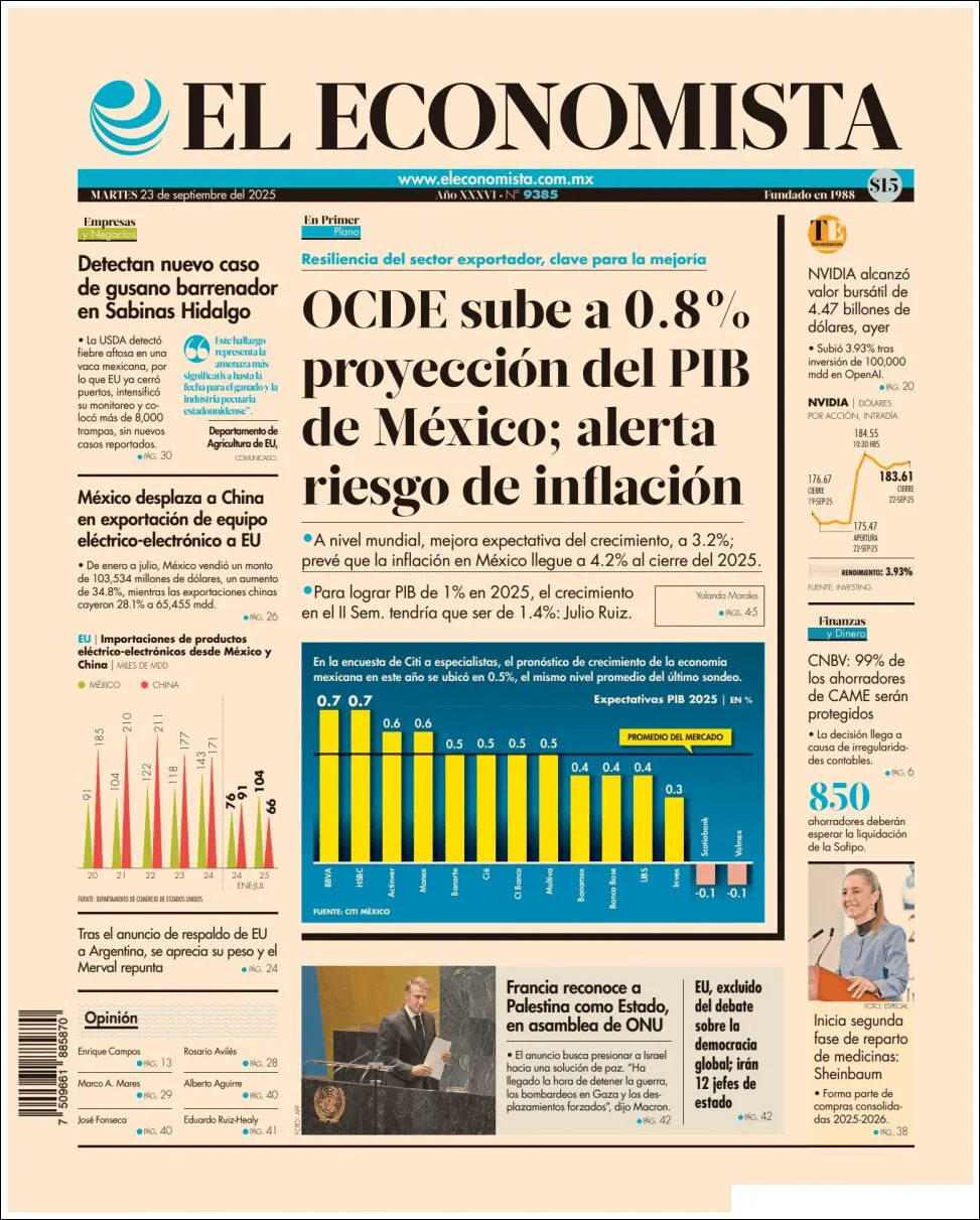 Portada de El Economista del martes, 23 de septiembre de 2025