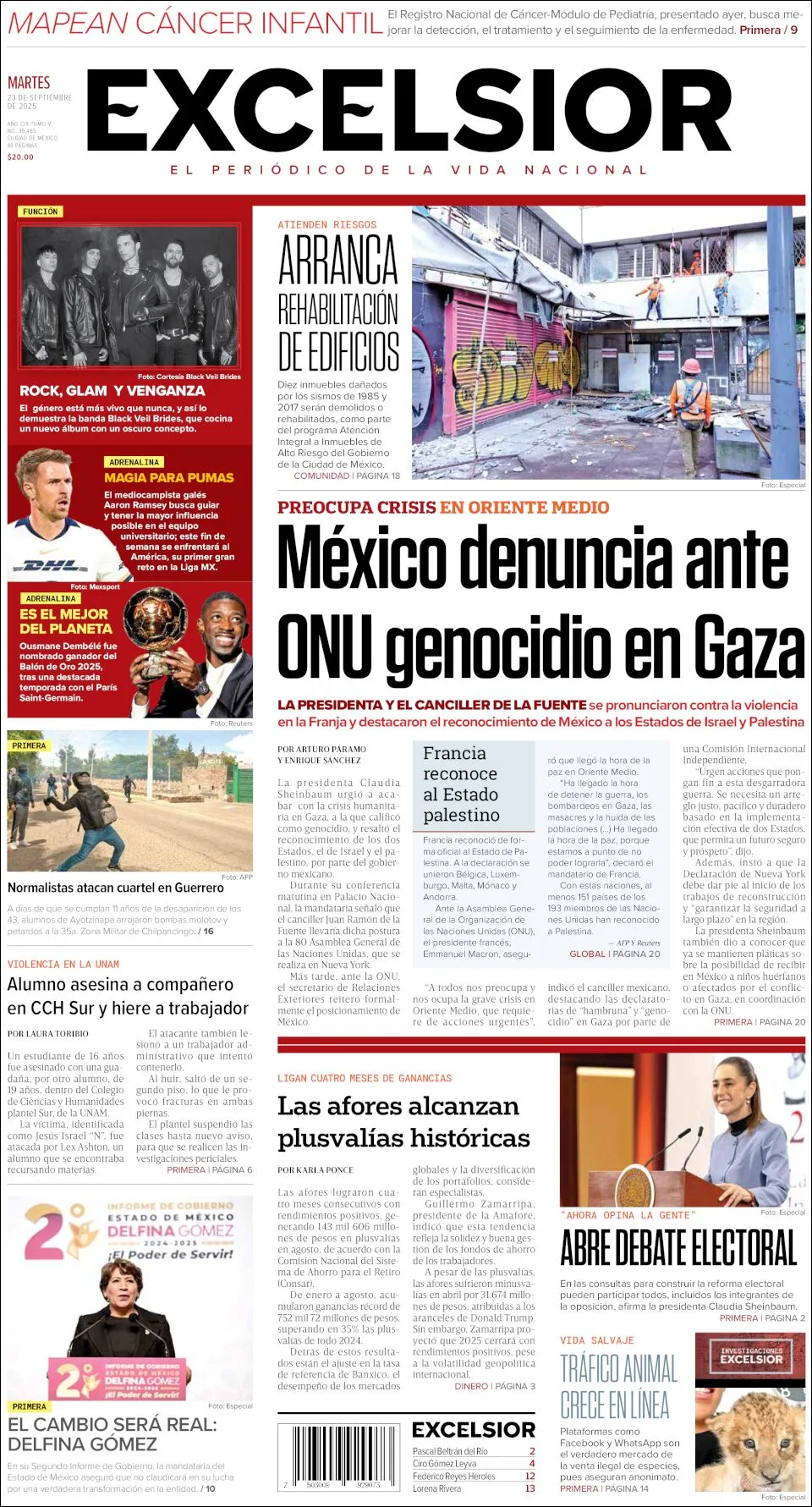 Portada de Excelsior del martes, 23 de septiembre de 2025