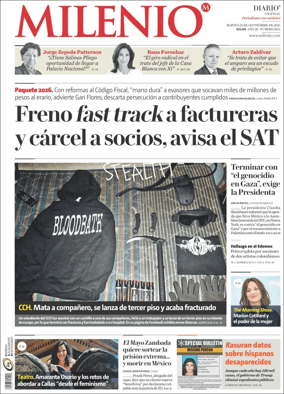 Portada de Milenio del martes, 23 de septiembre de 2025