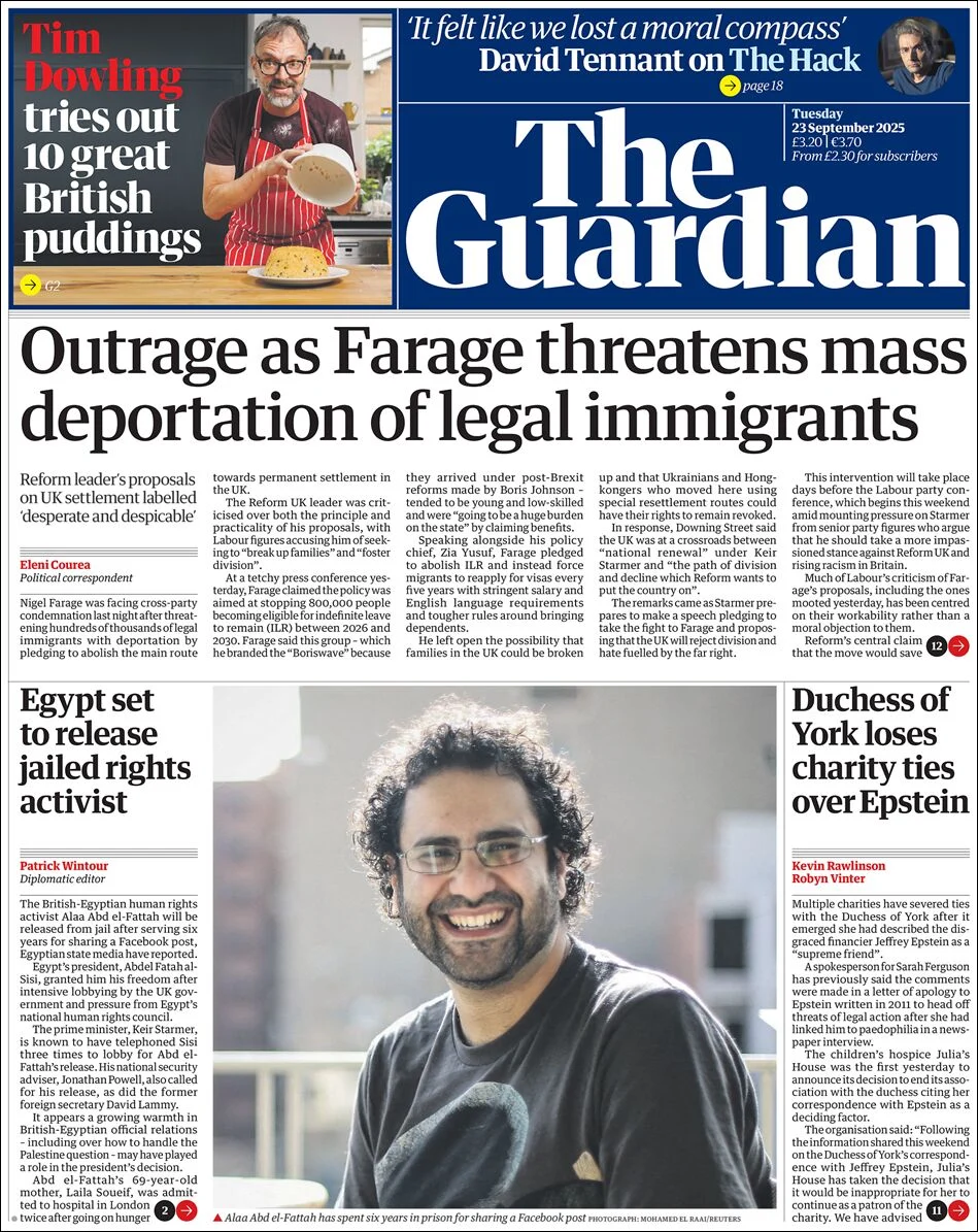 Portada de The Guardian (reino Unido) del martes, 23 de septiembre de 2025