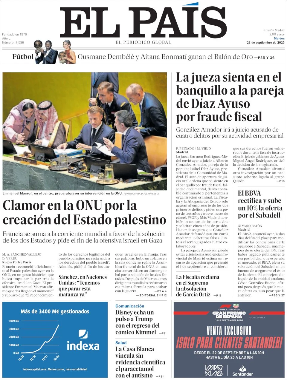 Portada de El Pais del martes, 23 de septiembre de 2025
