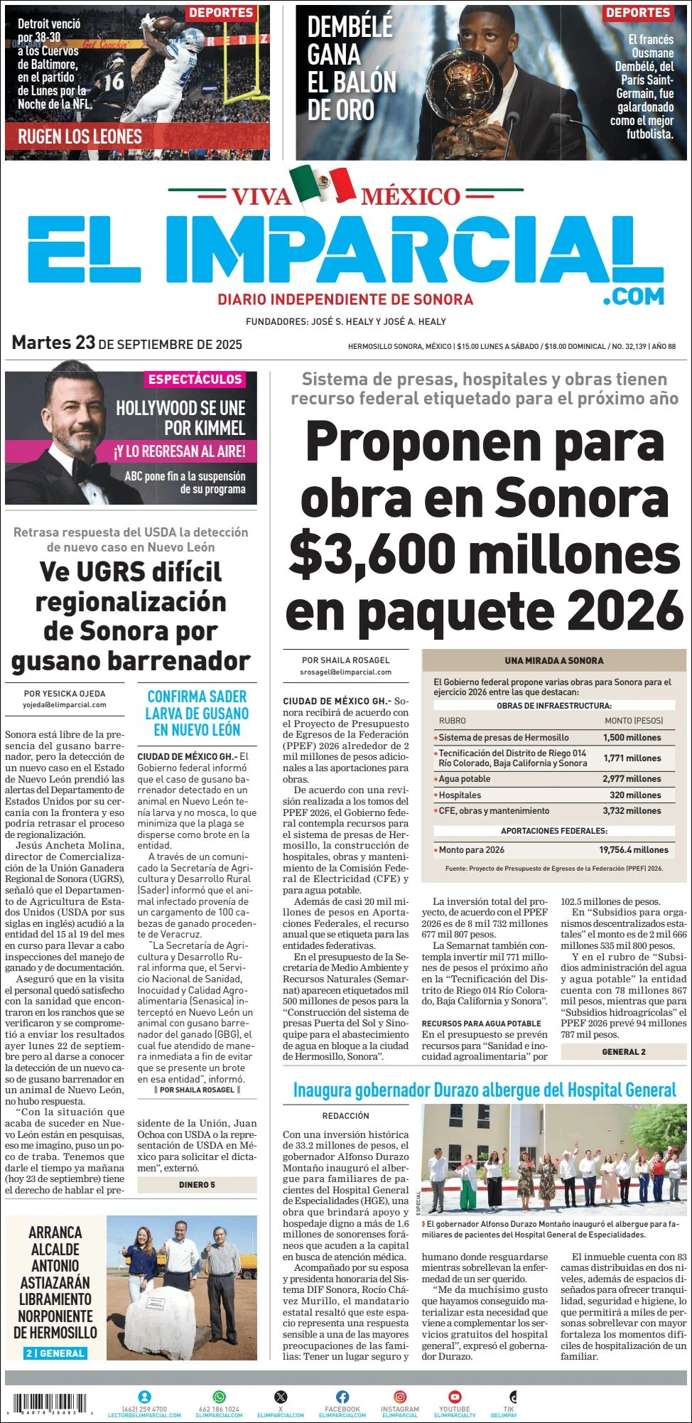 Portada de El Imparcial del martes, 23 de septiembre de 2025