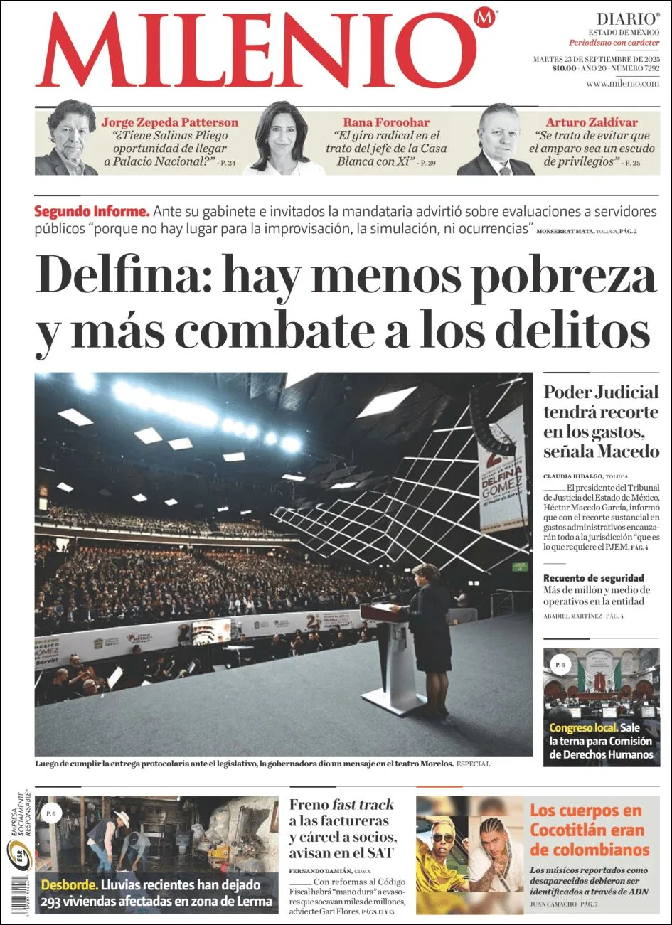 Portada de Milenio Edo de Mexico del martes, 23 de septiembre de 2025
