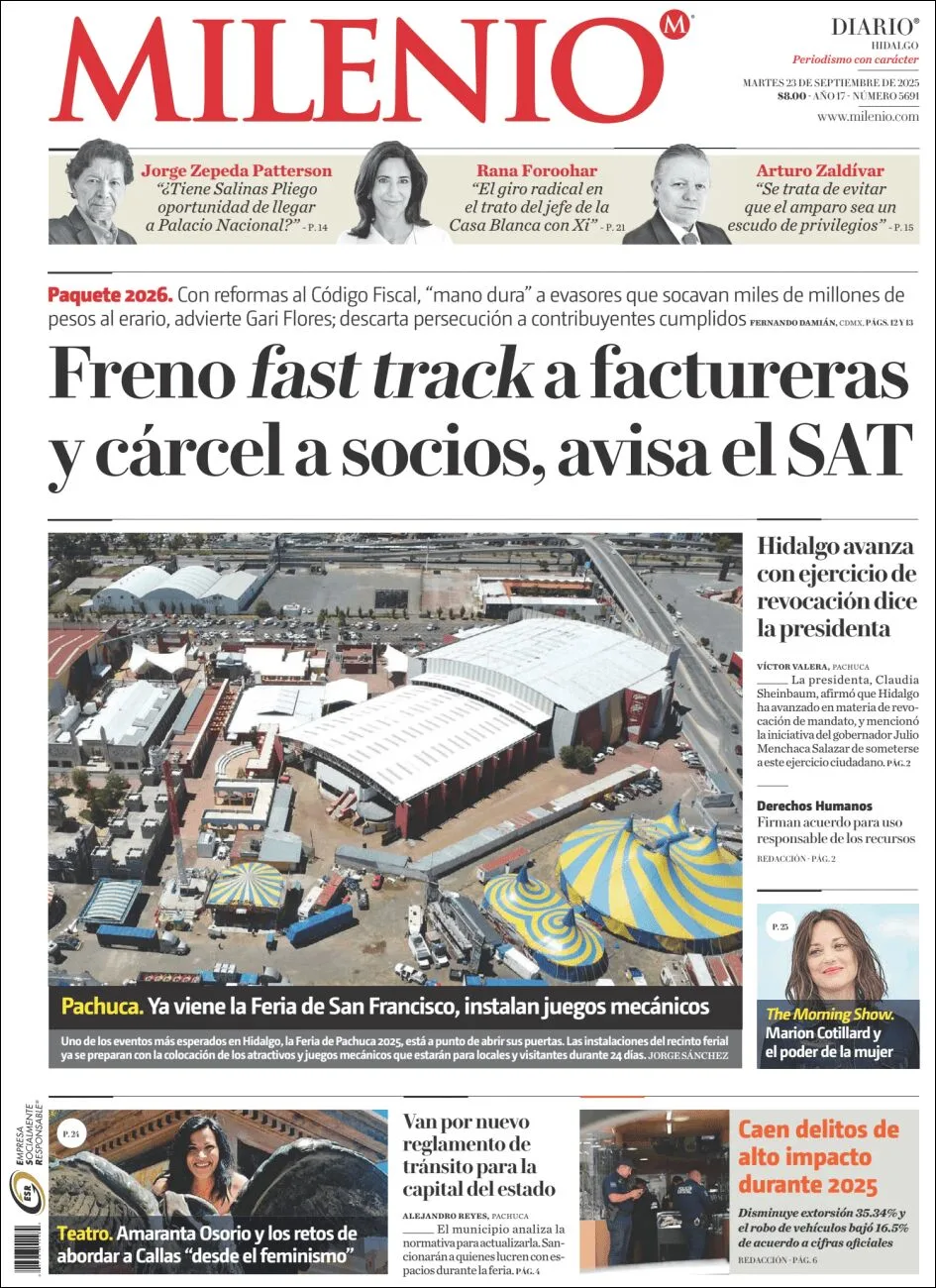 Portada de Milenio Hidalgo del martes, 23 de septiembre de 2025