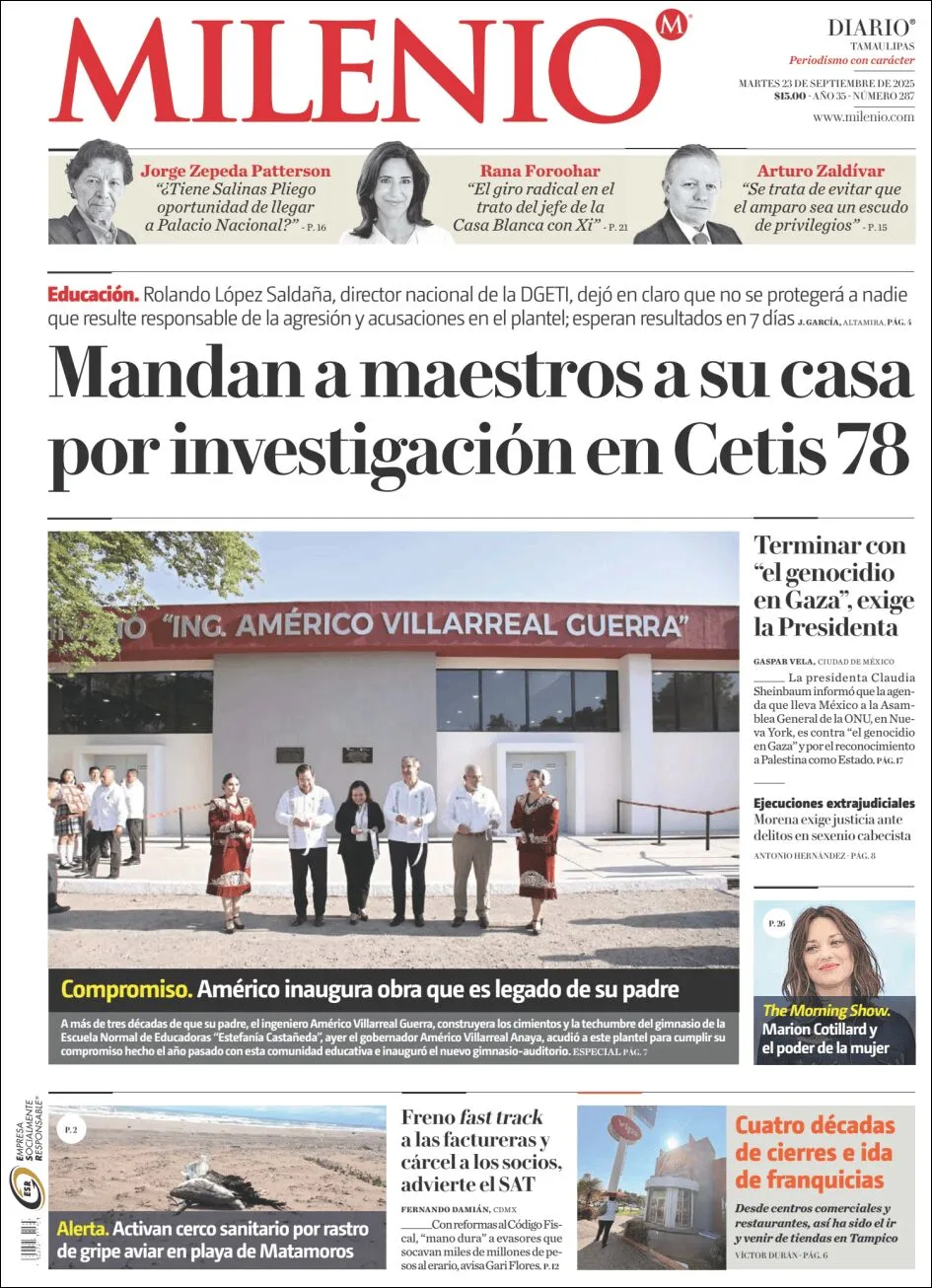 Portada de Milenio Tamaulipas del martes, 23 de septiembre de 2025