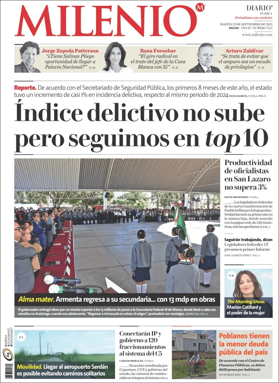 Portada de Milenio Puebla del martes, 23 de septiembre de 2025
