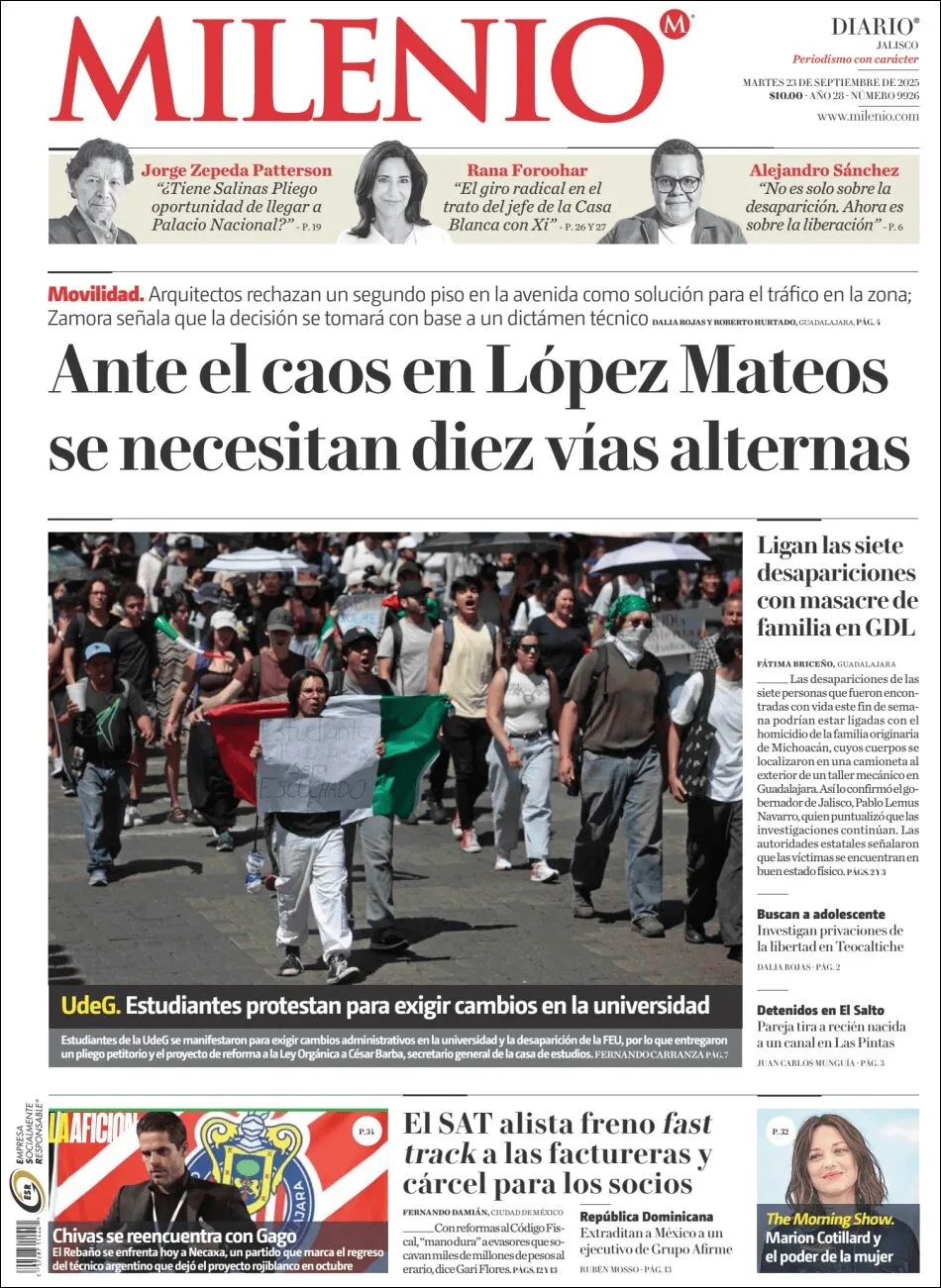 Portada de Milenio Jalisco del martes, 23 de septiembre de 2025