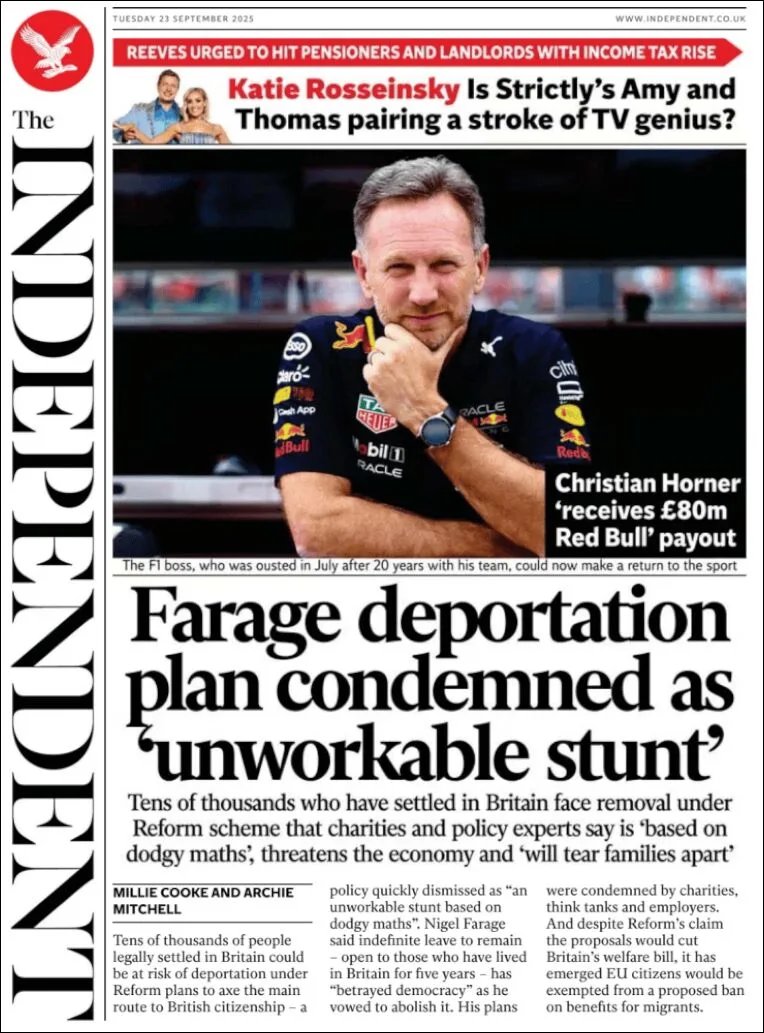 Portada de The Independent del martes, 23 de septiembre de 2025