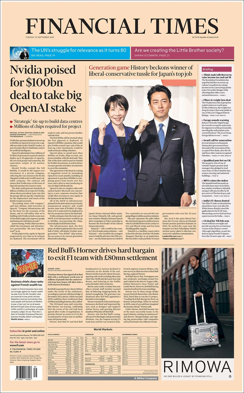 Portada de Financial Times del martes, 23 de septiembre de 2025