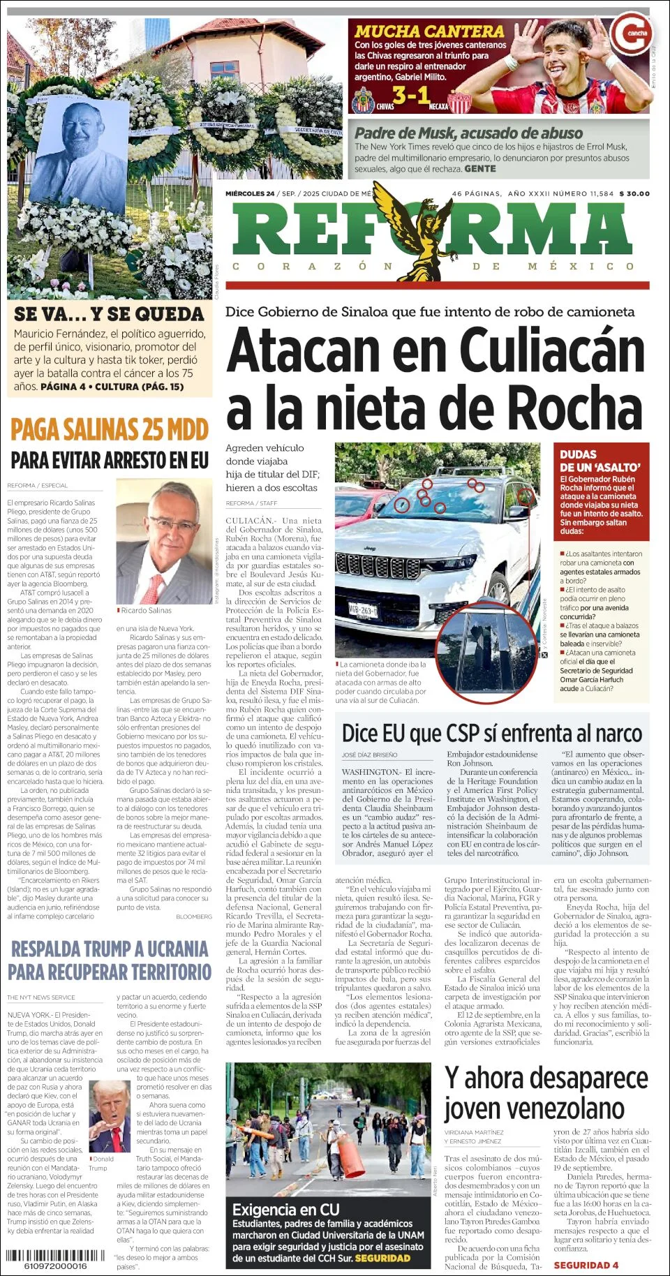 Portada de Reforma del miércoles, 24 de septiembre de 2025