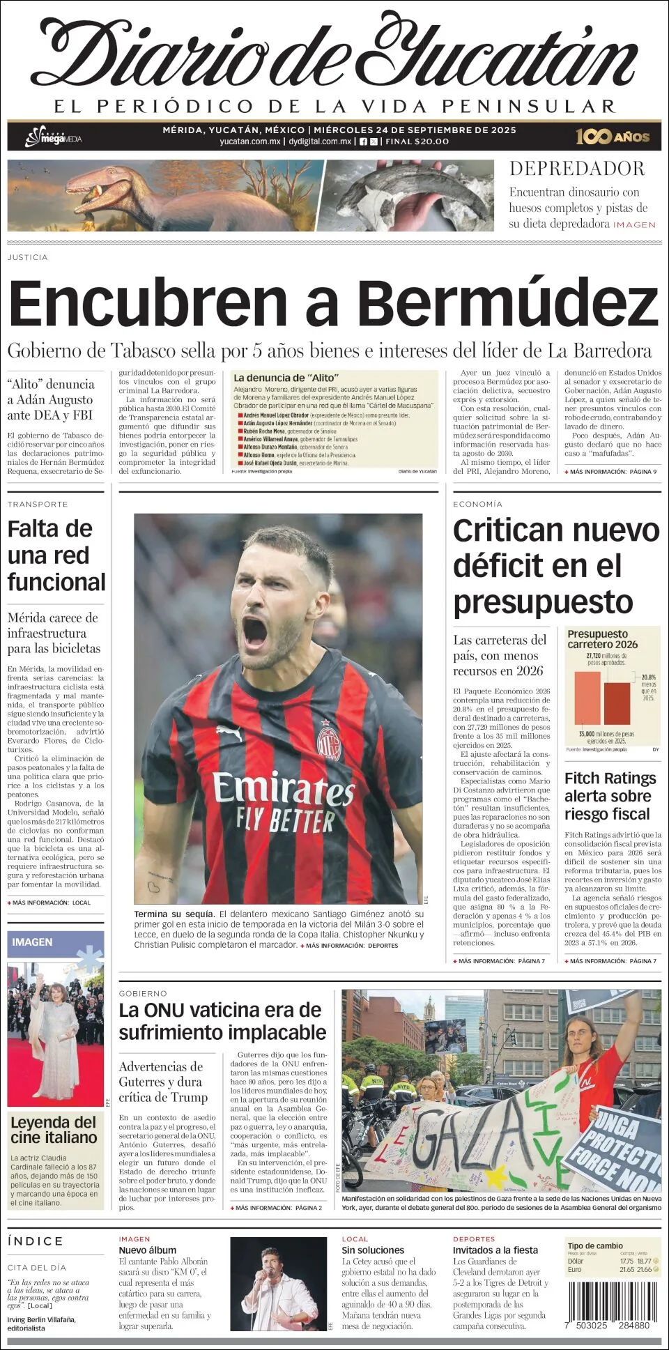 Portada de Diario de Yucatán del miércoles, 24 de septiembre de 2025