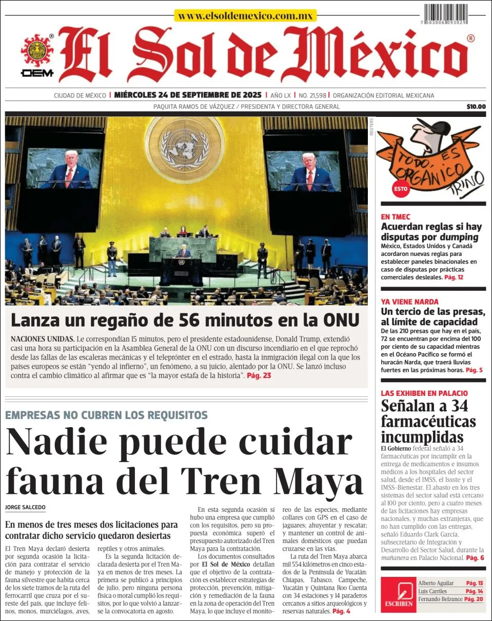 Portada de El Sol de Mexico del miércoles, 24 de septiembre de 2025