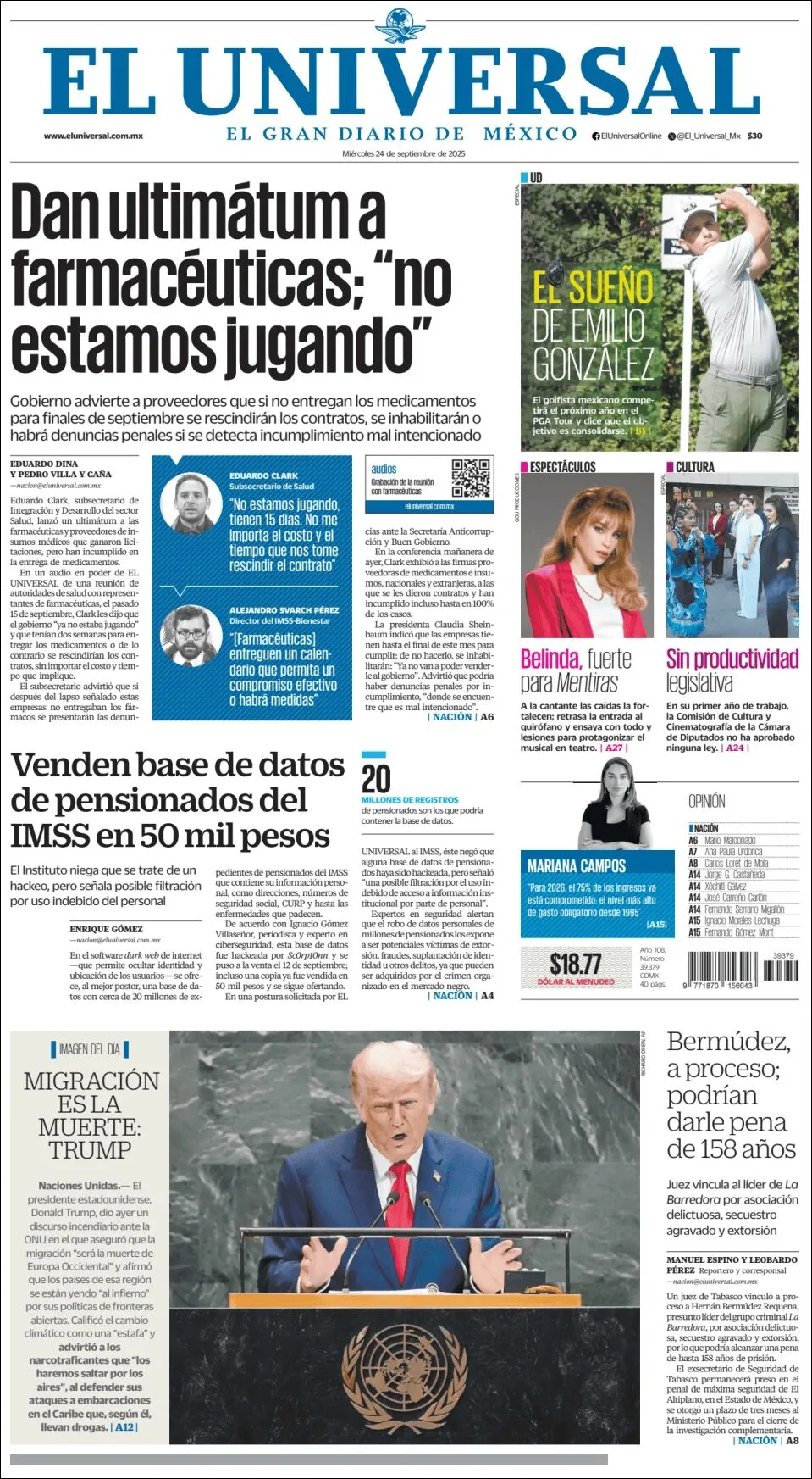 Portada de El Universal del miércoles, 24 de septiembre de 2025
