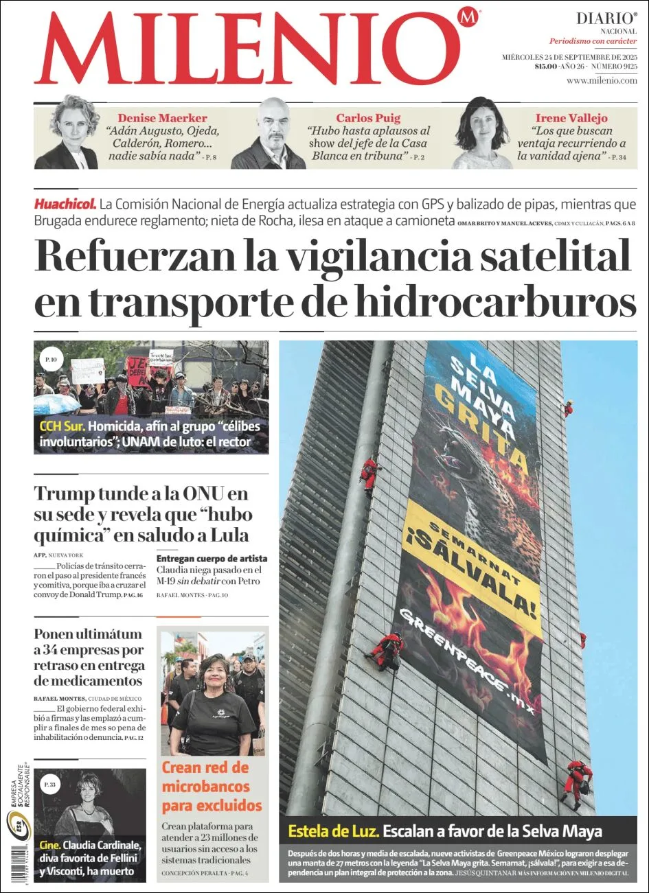 Portada de Milenio del jueves, 25 de septiembre de 2025