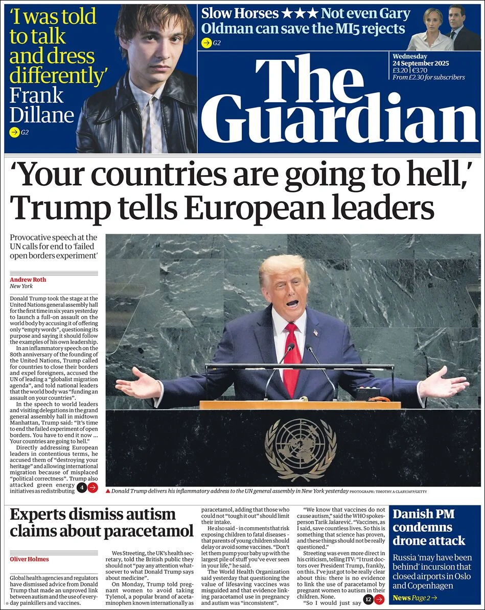 Portada de The Guardian (reino Unido) del miércoles, 24 de septiembre de 2025