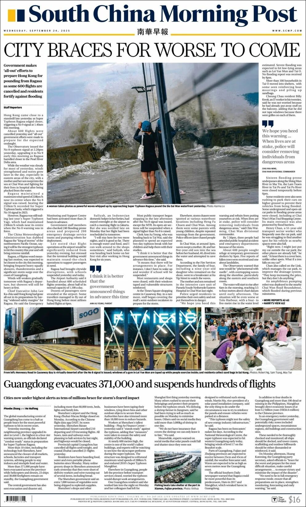 Portada de South China Morning Post del miércoles, 24 de septiembre de 2025