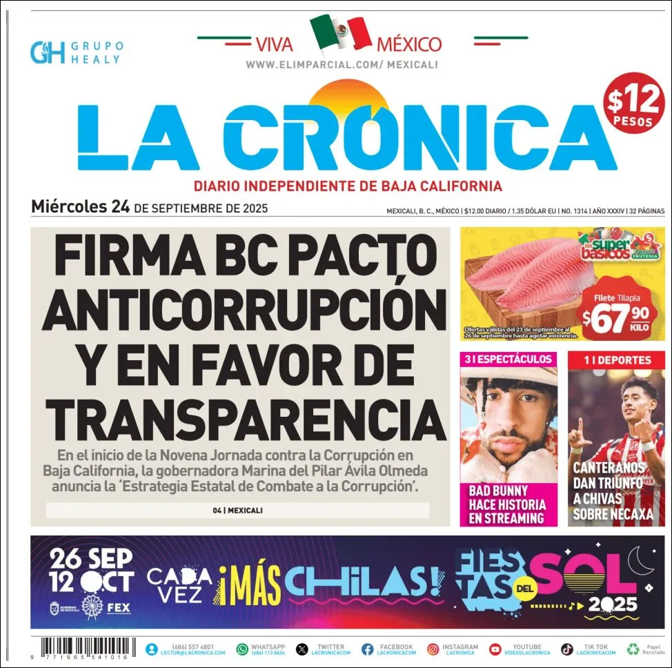 Portada de La Cronica del miércoles, 24 de septiembre de 2025