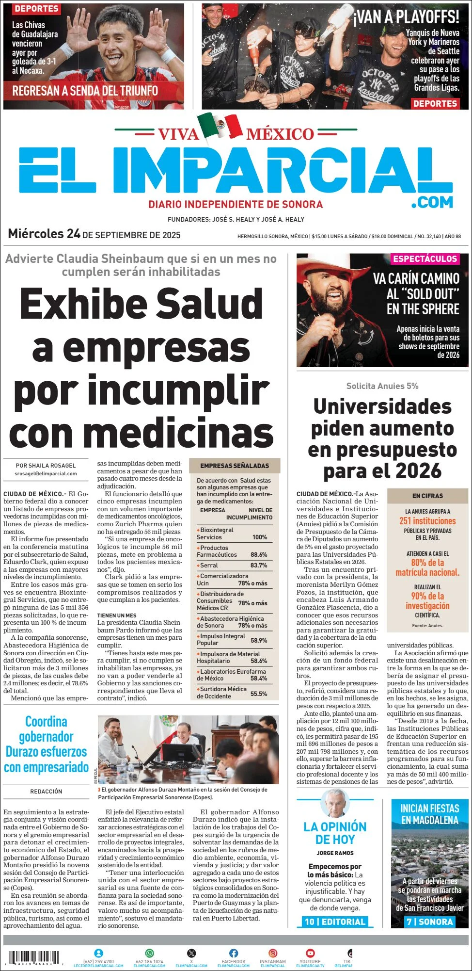 Portada de El Imparcial del miércoles, 24 de septiembre de 2025