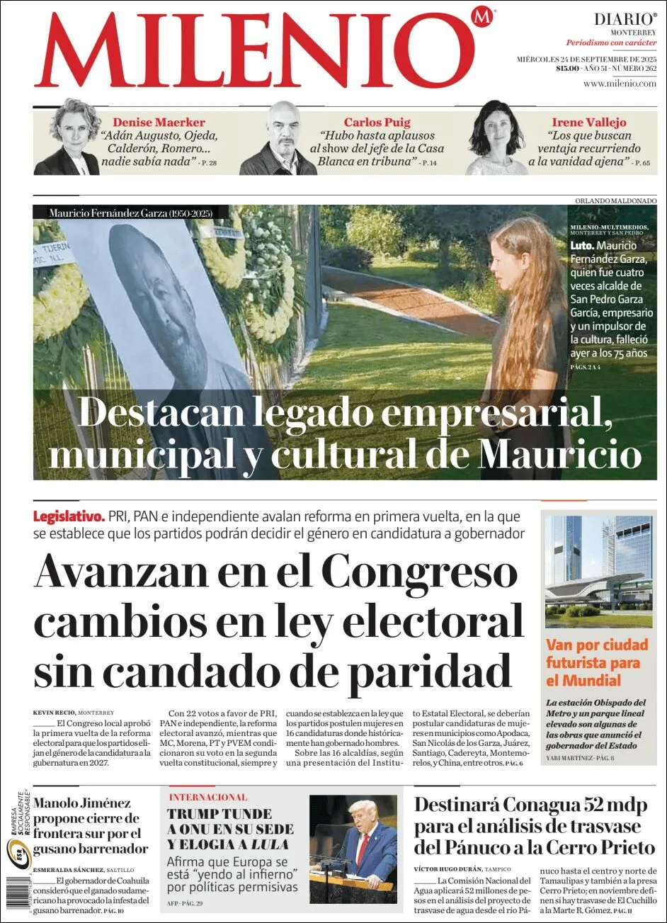 Portada de Milenio del miércoles, 24 de septiembre de 2025