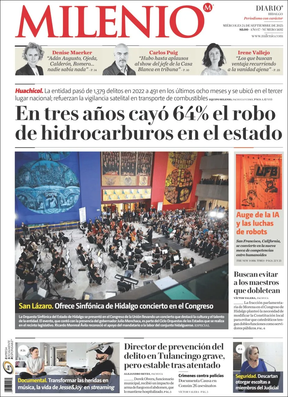 Portada de Milenio Hidalgo del jueves, 25 de septiembre de 2025