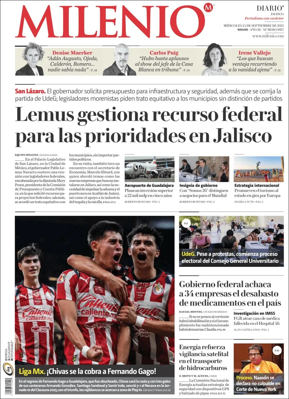 Portada de Milenio Jalisco del miércoles, 24 de septiembre de 2025