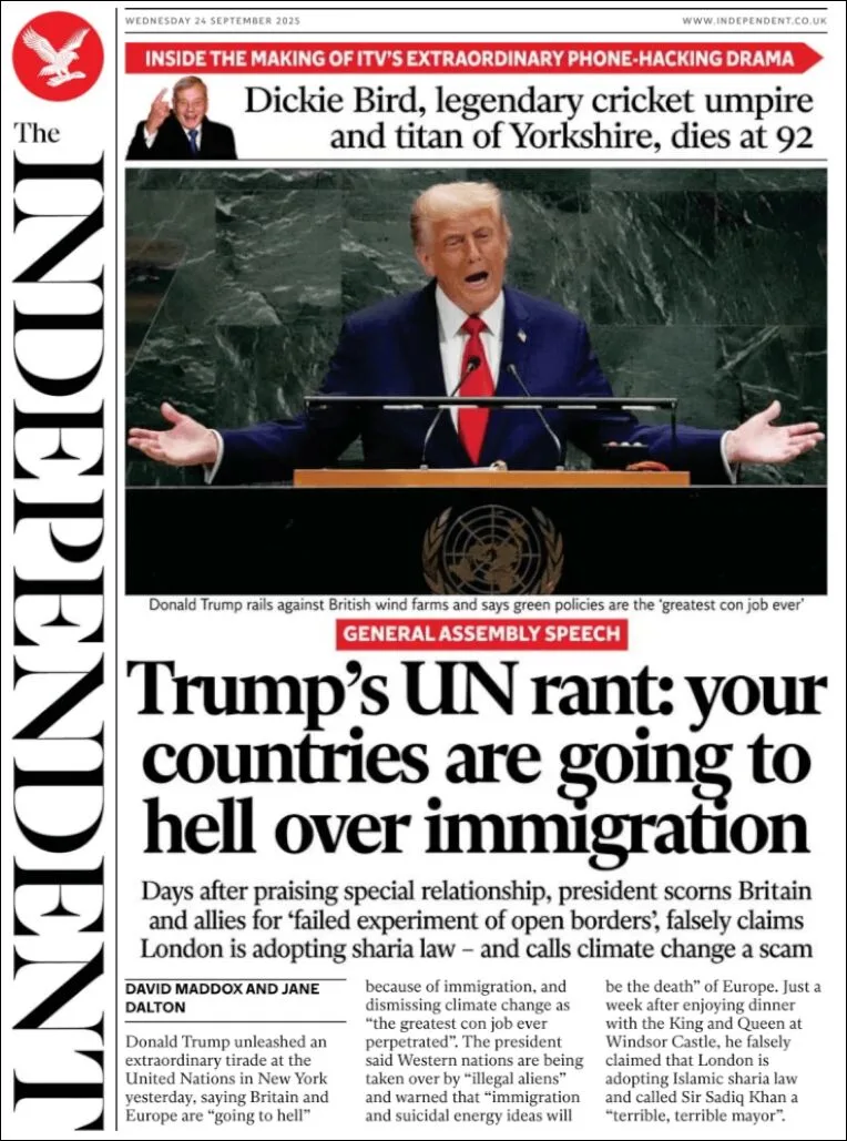 Portada de The Independent del miércoles, 24 de septiembre de 2025