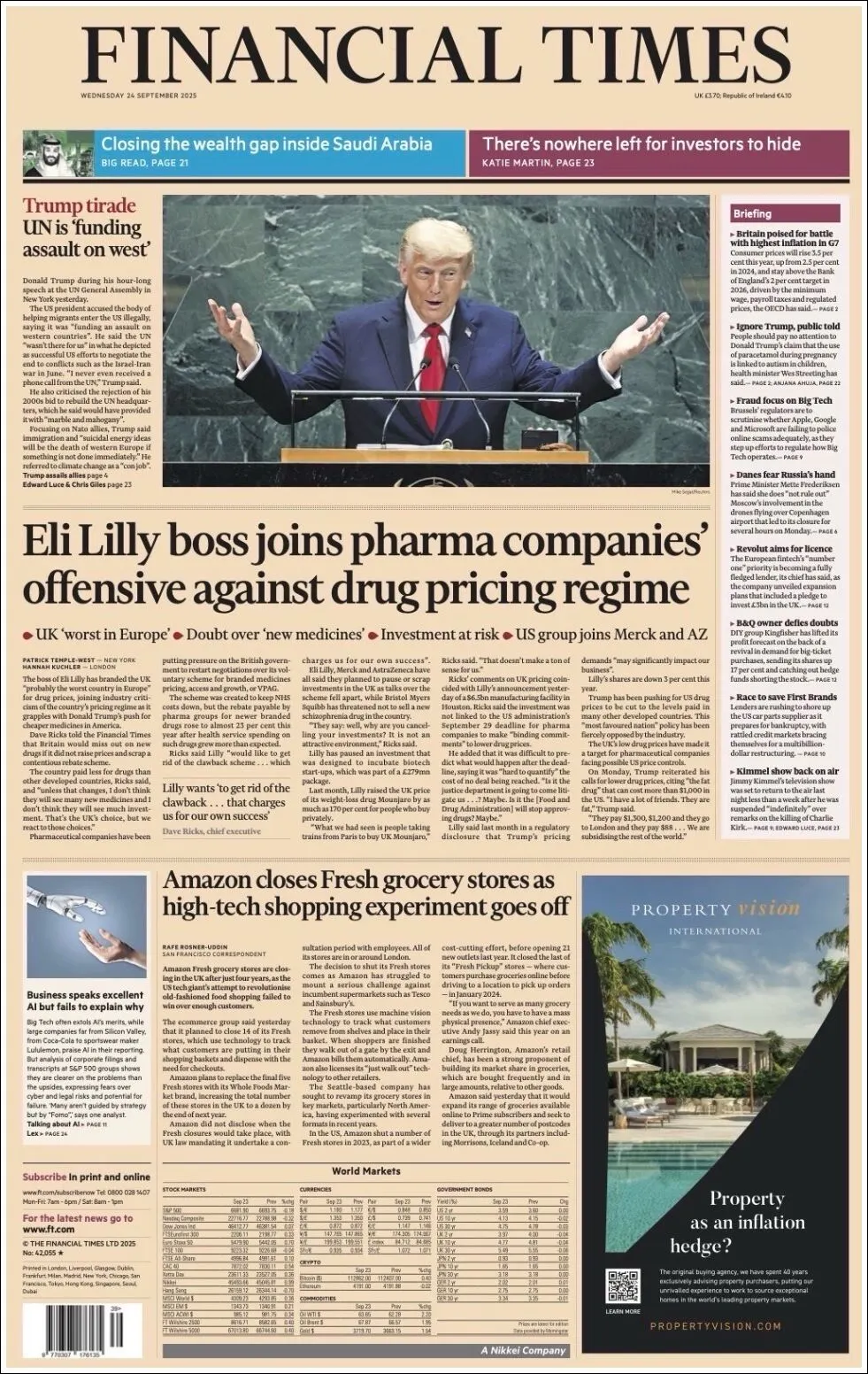 Portada de Financial Times del miércoles, 24 de septiembre de 2025