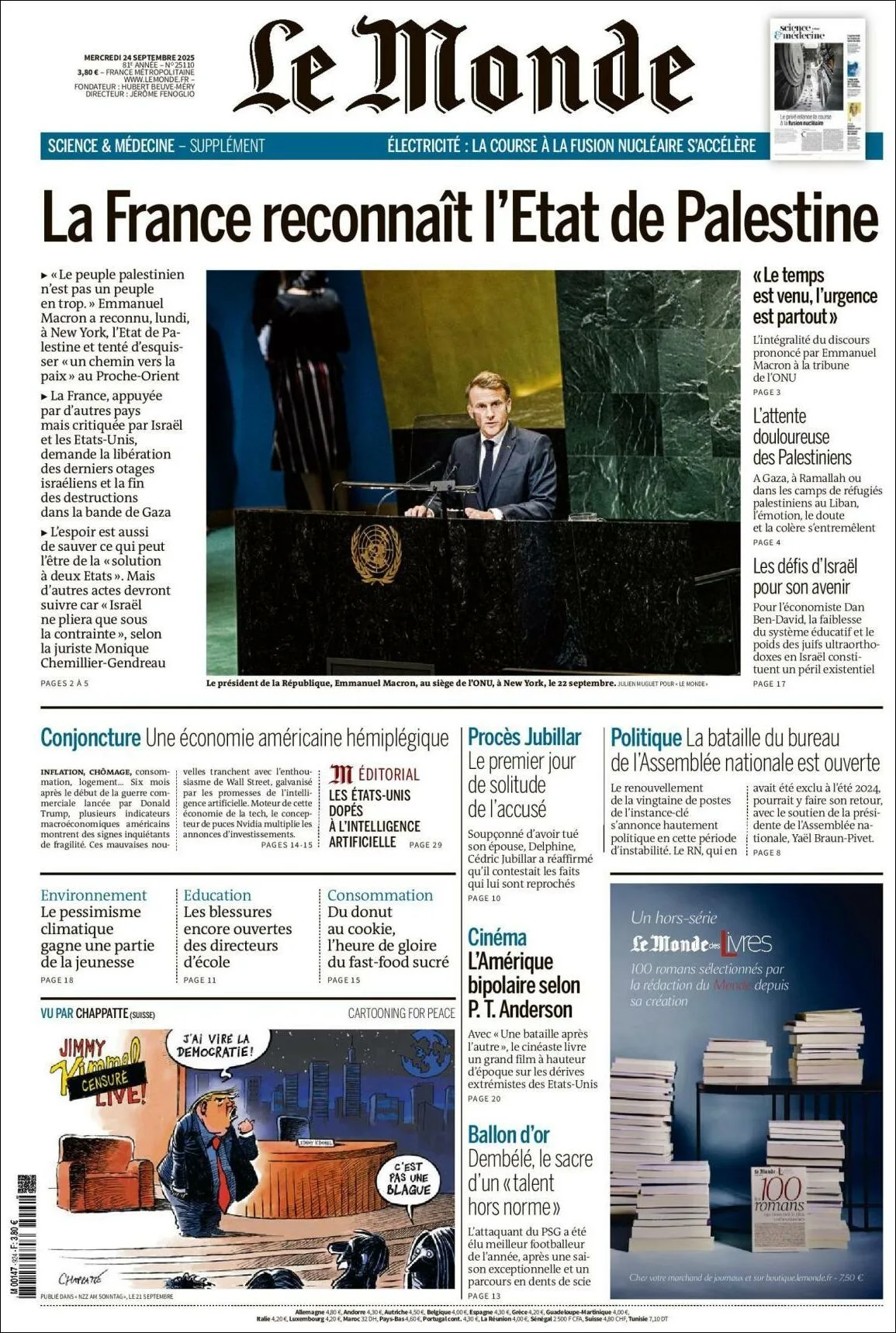 Portada de Le Monde del miércoles, 24 de septiembre de 2025