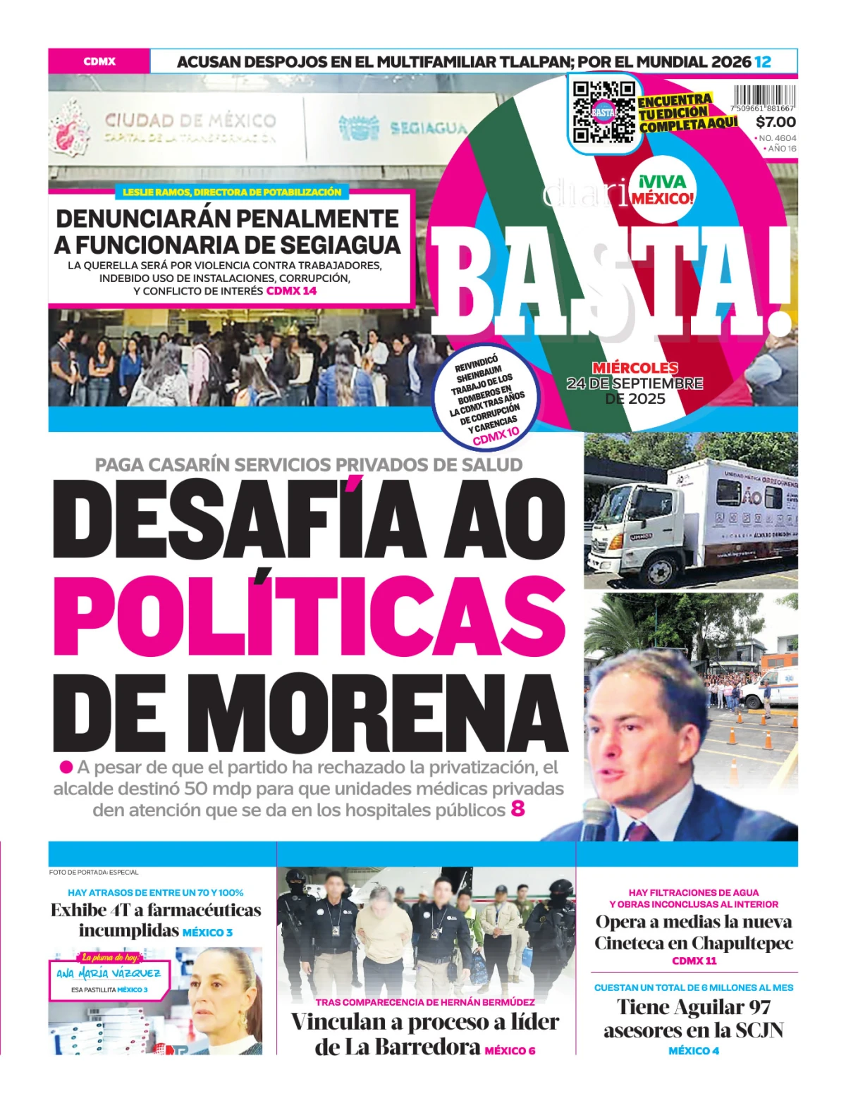 Portada de Basta! (portada) del miércoles, 24 de septiembre de 2025