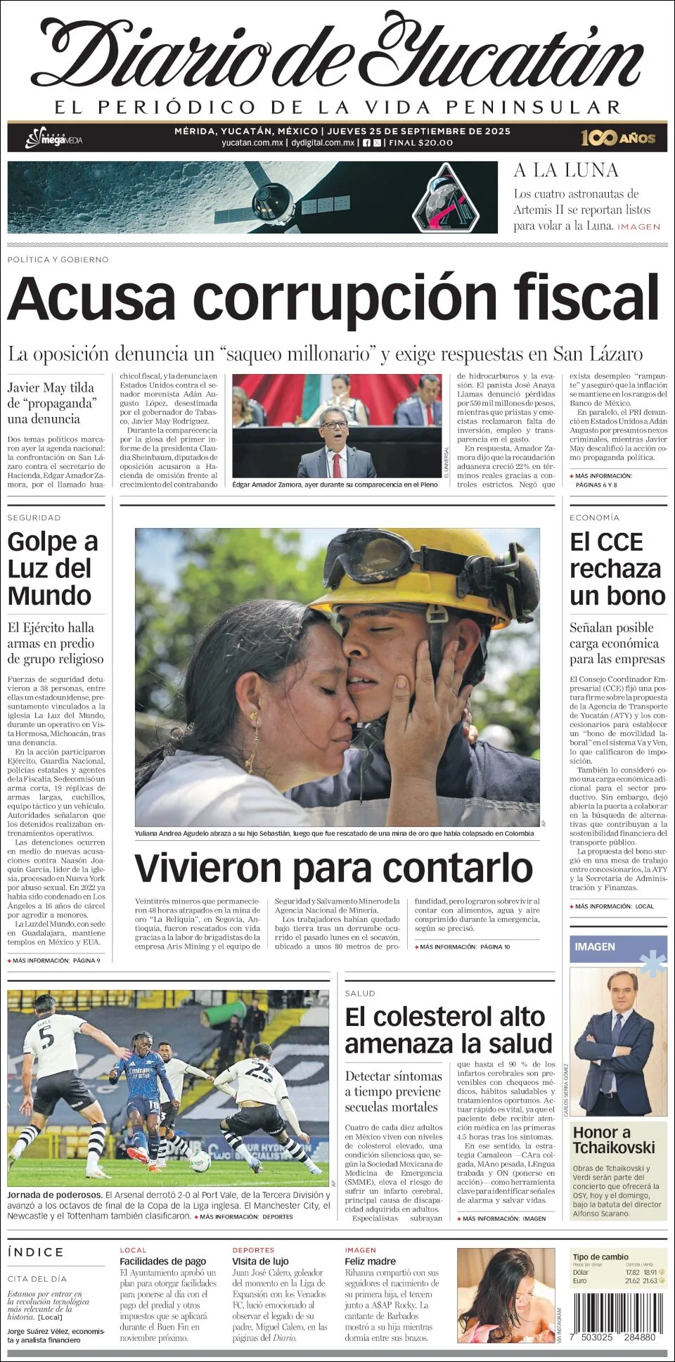 Portada de Diario de Yucatán del jueves, 25 de septiembre de 2025