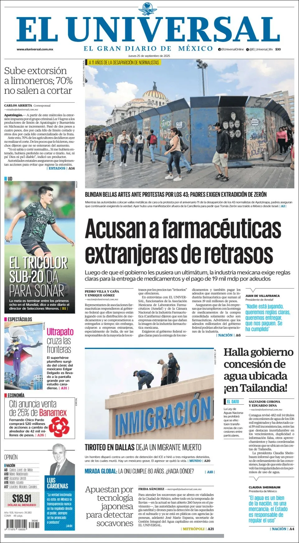 Portada de El Universal del jueves, 25 de septiembre de 2025