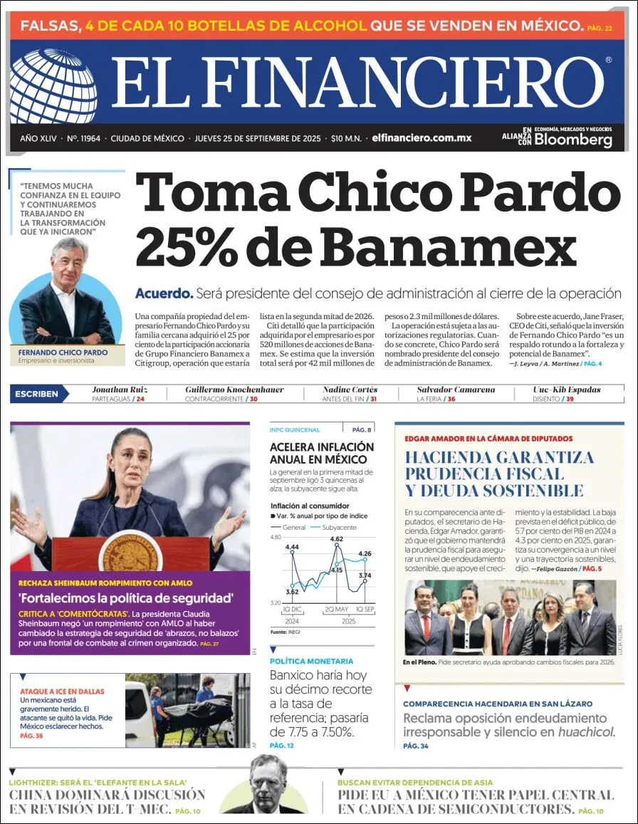 Portada de El Financiero del jueves, 25 de septiembre de 2025