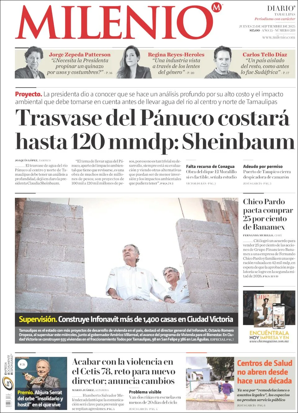 Portada de Milenio Tamaulipas del jueves, 25 de septiembre de 2025