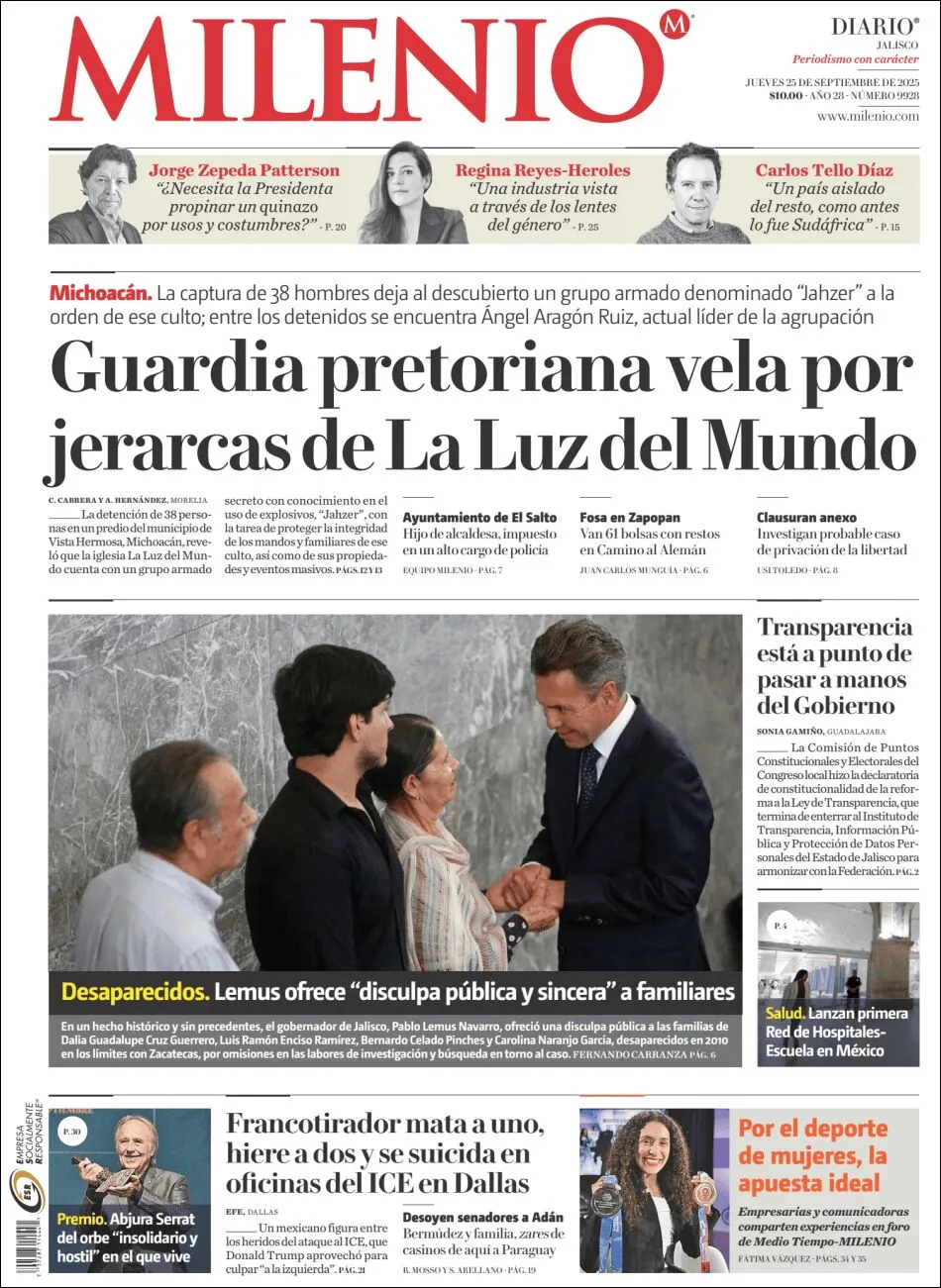Portada de Milenio Jalisco del jueves, 25 de septiembre de 2025