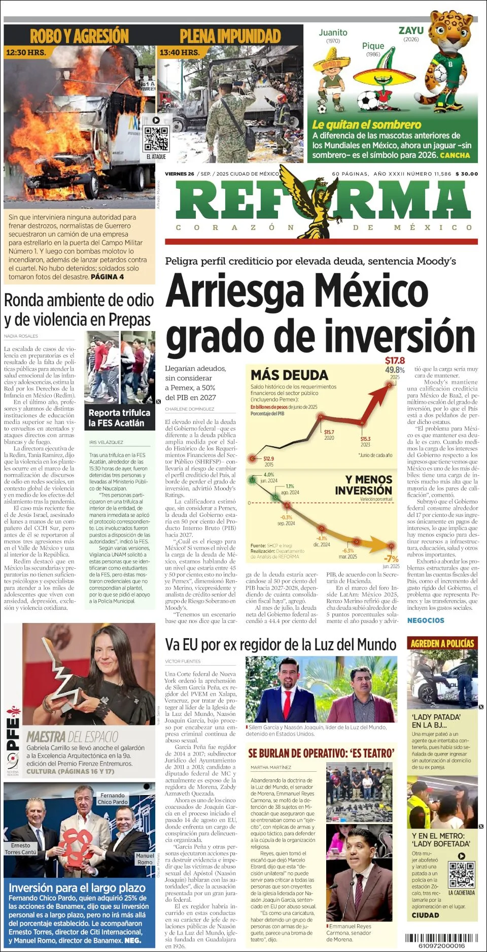 Portada de Reforma del viernes, 26 de septiembre de 2025