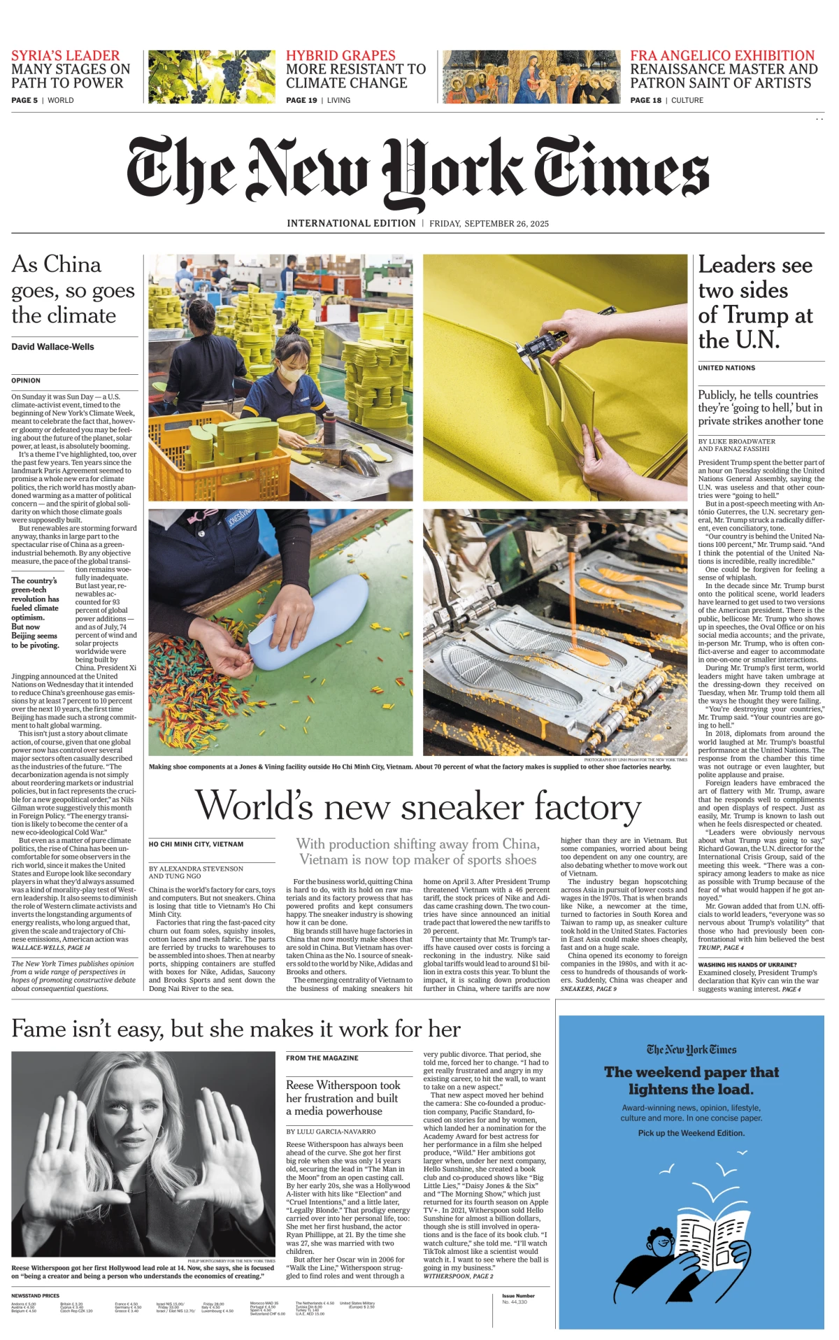 Portada de The New York Times (international) del viernes, 26 de septiembre de 2025