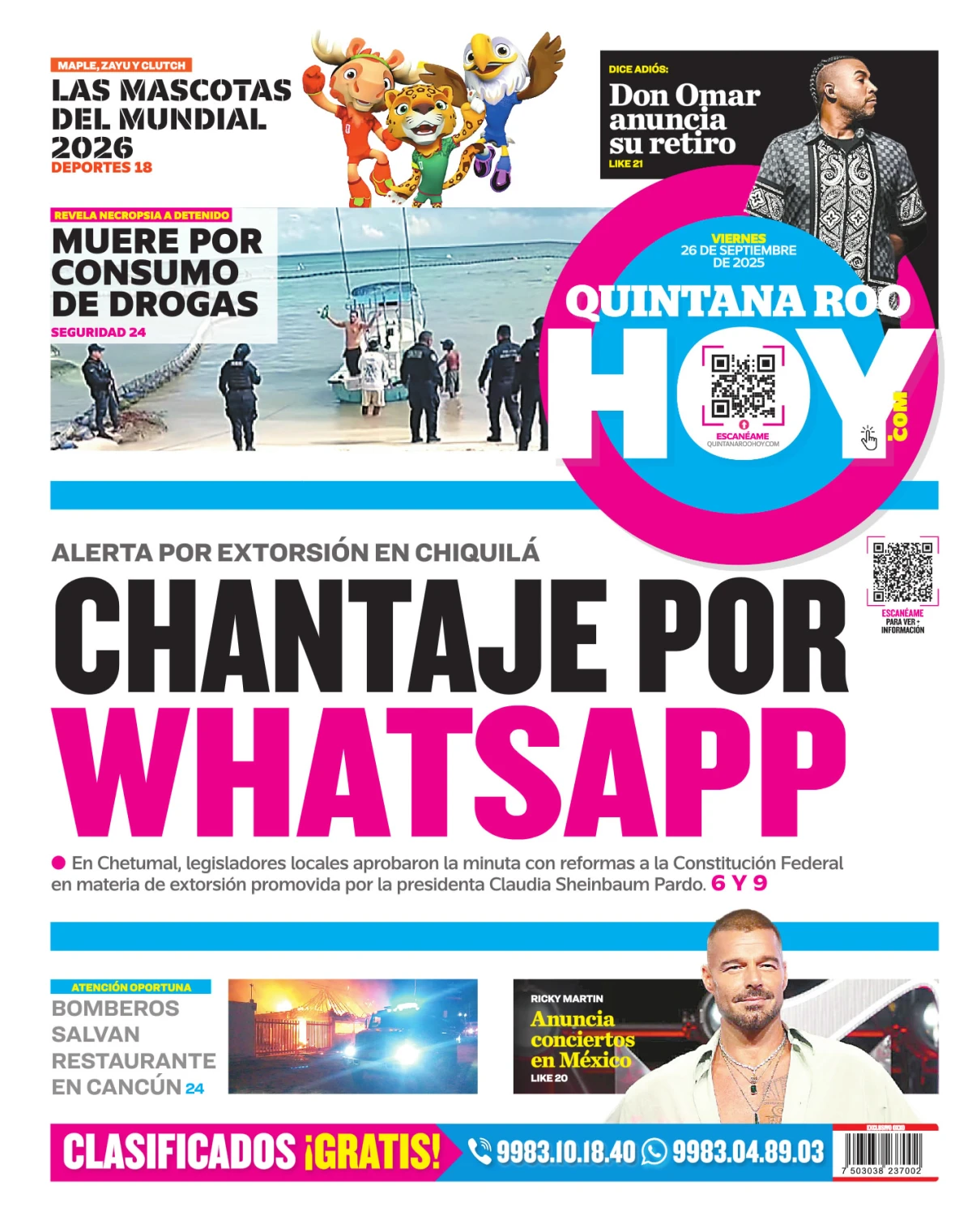 Portada de Quintana Roo Hoy (contraportada) del viernes, 26 de septiembre de 2025