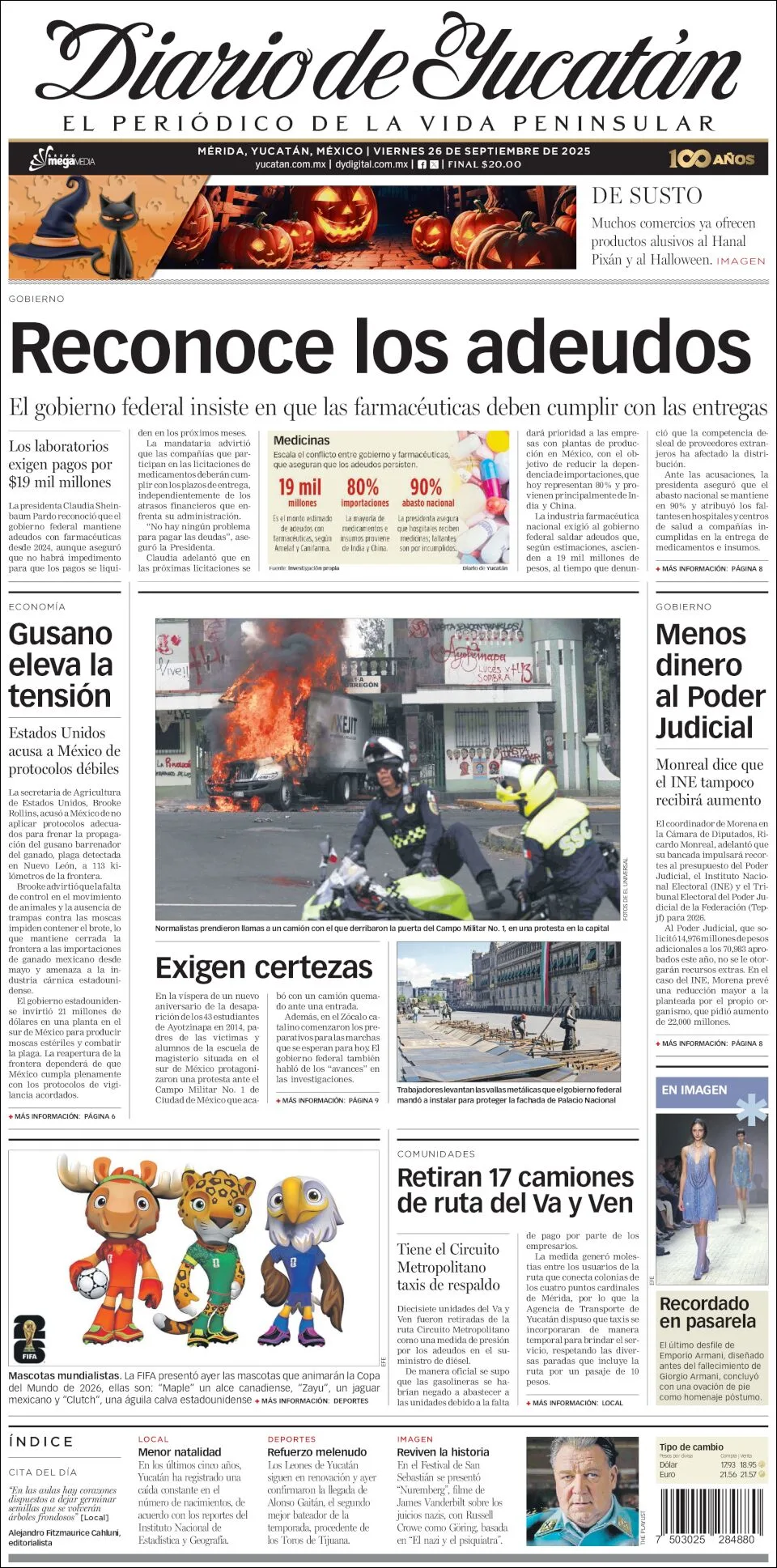 Portada de Diario de Yucatán del viernes, 26 de septiembre de 2025