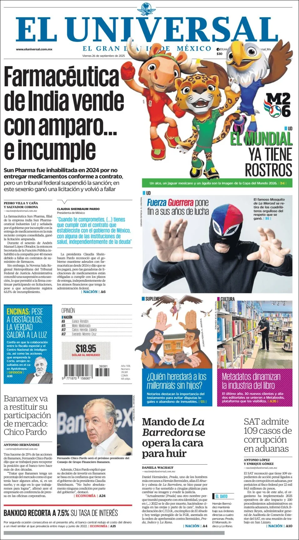Portada de El Universal del viernes, 26 de septiembre de 2025