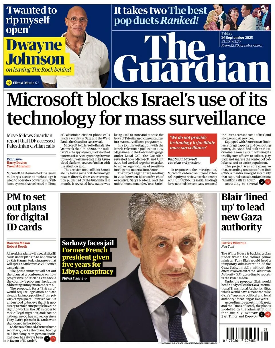 Portada de The Guardian (reino Unido) del viernes, 26 de septiembre de 2025