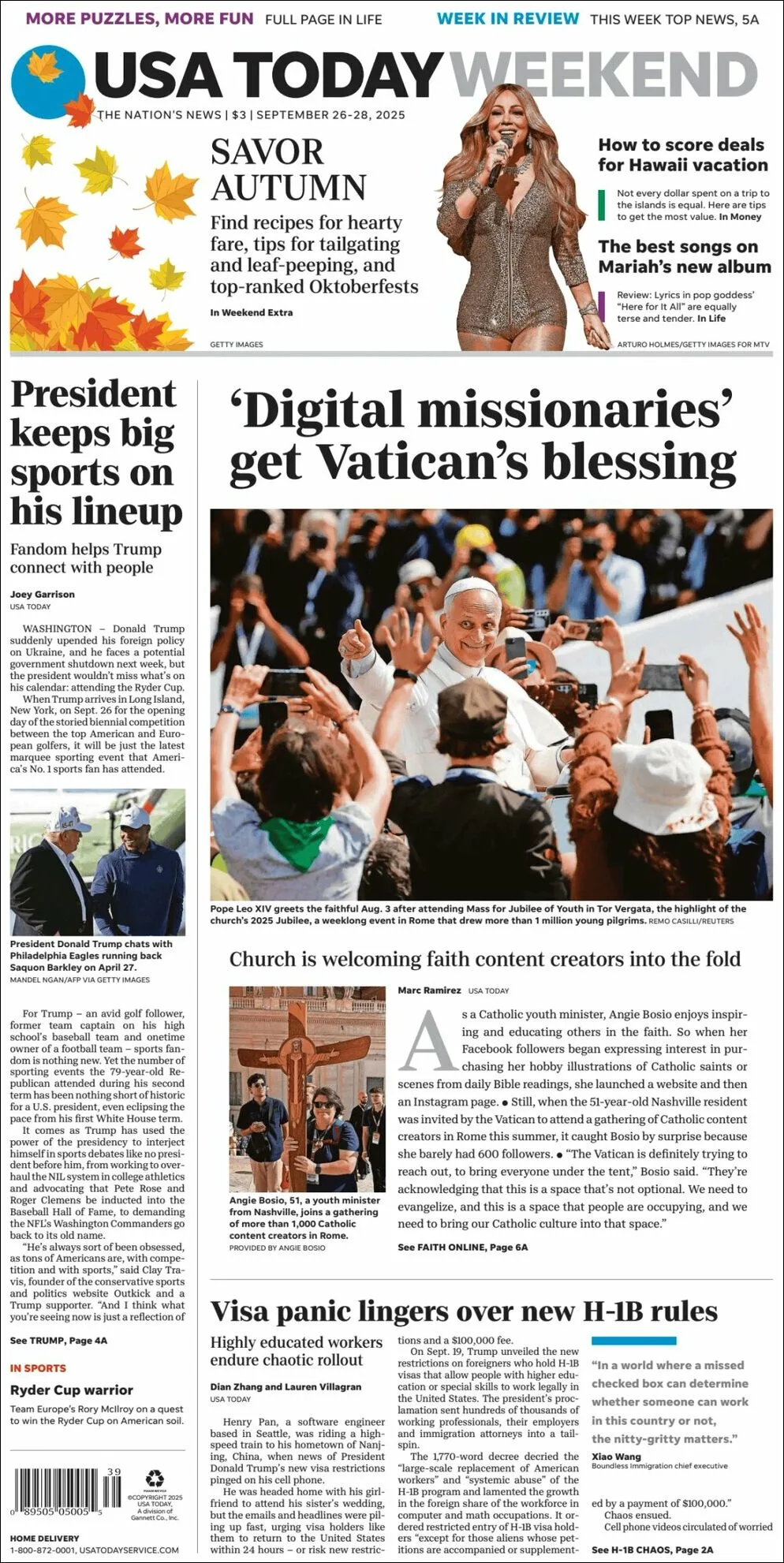 Portada de Usa Today del viernes, 26 de septiembre de 2025