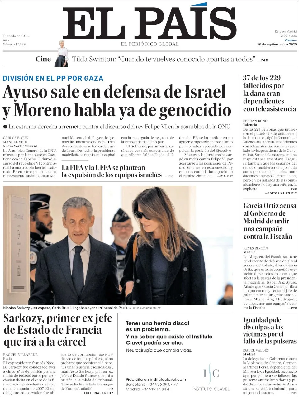 Portada de El Pais del viernes, 26 de septiembre de 2025