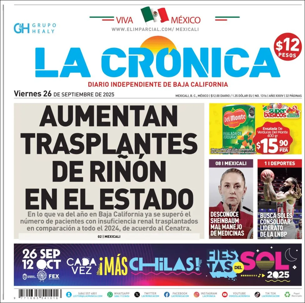 Portada de La Cronica del viernes, 26 de septiembre de 2025