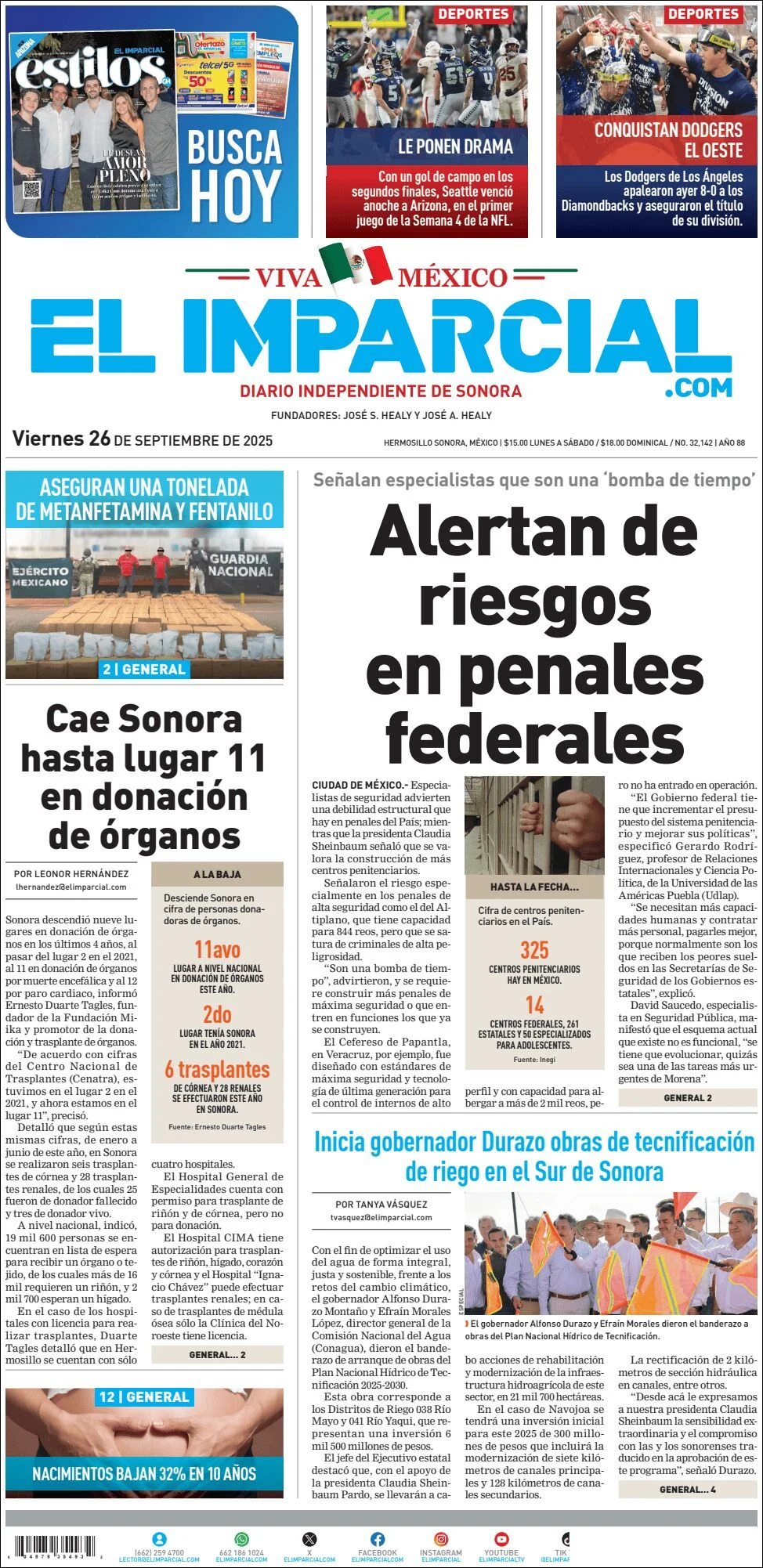 Portada de El Imparcial del viernes, 26 de septiembre de 2025