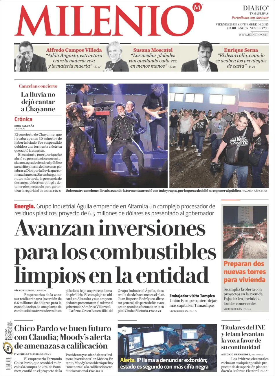 Portada de Milenio Tamaulipas del viernes, 26 de septiembre de 2025