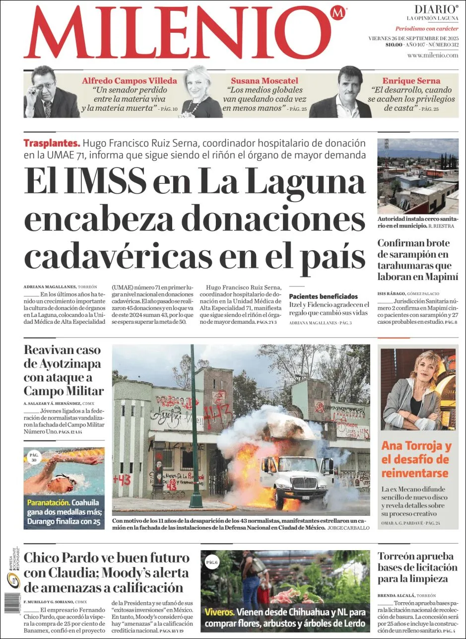 Portada de Milenio Laguna del viernes, 26 de septiembre de 2025