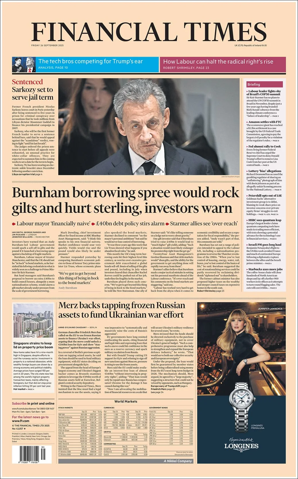 Portada de Financial Times del viernes, 26 de septiembre de 2025